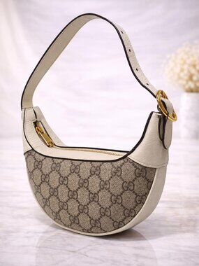 Authentic Gucci GG Canvas Mini Crescent Bag White Leather Trim Shoulder Bag